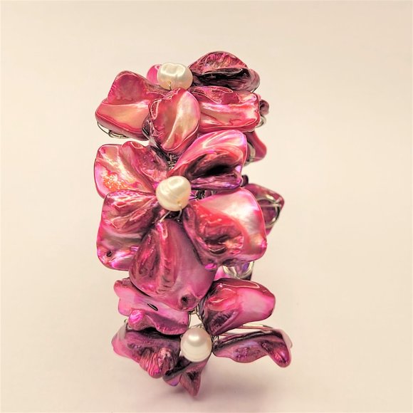 Purple Adjustable Cuff Bracelet with Pearl and Mother Of Pearl Shell Bangle -NEW - Picture 4 of 11